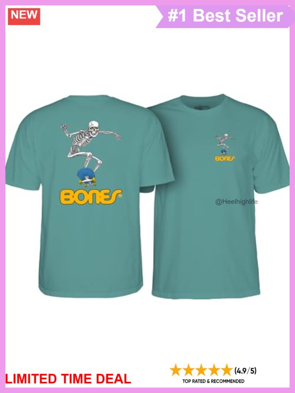 Powell Peralta Skateboard Skeleton Screen Print Logo T-Shirt Crew Neck